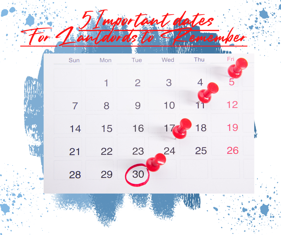 Calendar with red push pins and 1 circled date in red -Five Important Dates for Landlords to Remember